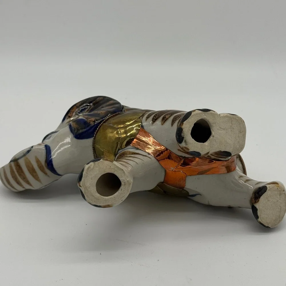 Vtg Tonala Mexico Brass Armored Elephant Figurine Ceramic Mixed Media Folk Art
